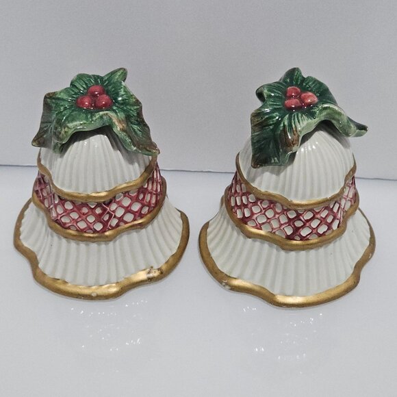 Fitz Floyd Christmas Bells Salt Pepper Shaker Set 3" handpainted vtg Holiday cer - Picture 2 of 7